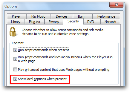 Windows Media Player Show local captions when present