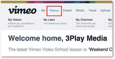 Vimeo UI Videos tab select videos to add captions subtitles
