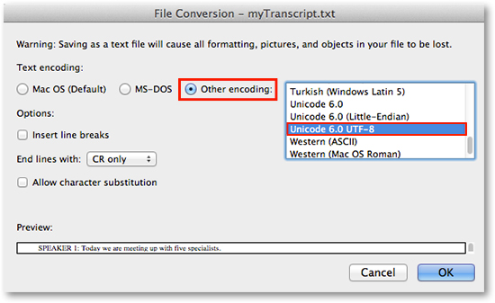 Word Doc convert UTF-8 transcript