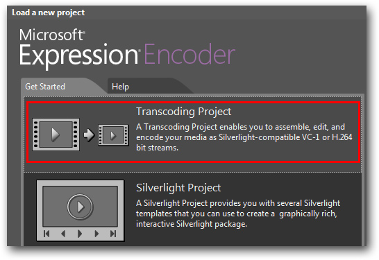 Microsoft Expression Encoder new project