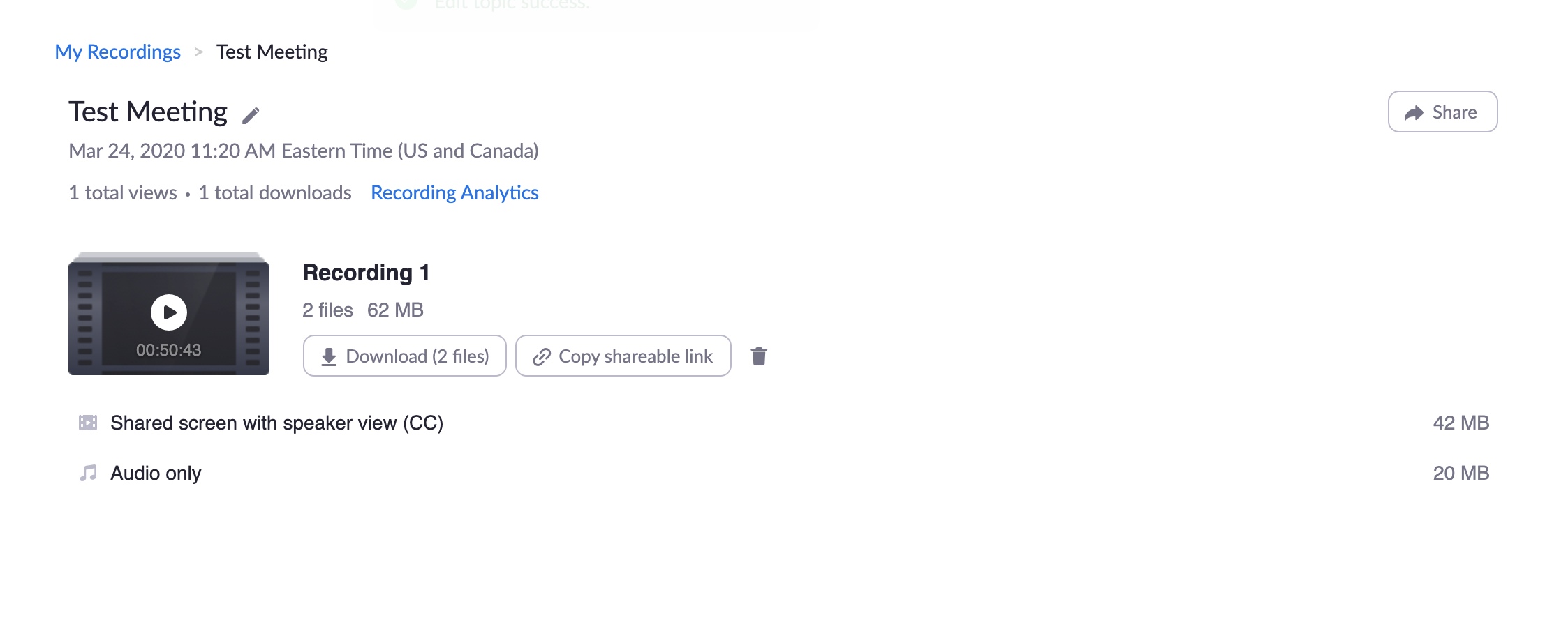 The Zoom cloud recording interface