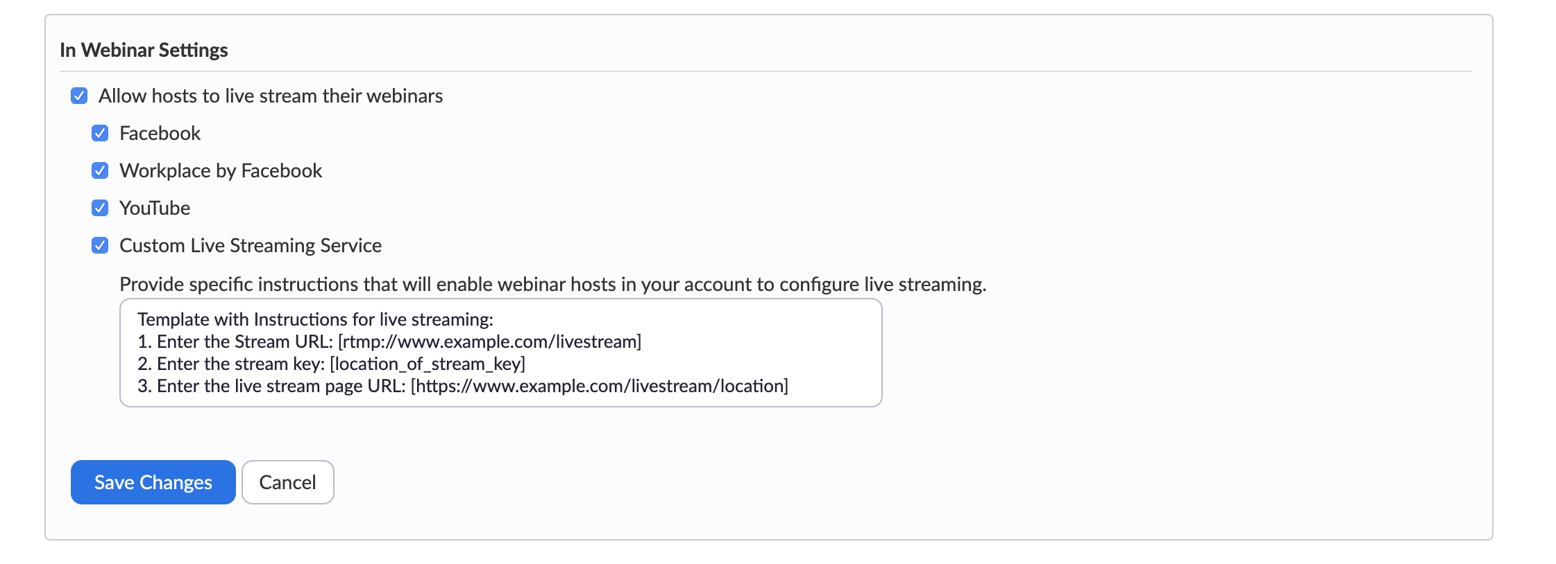 In Webinar Settings, where one can select allow live streaming and custom live streaming service