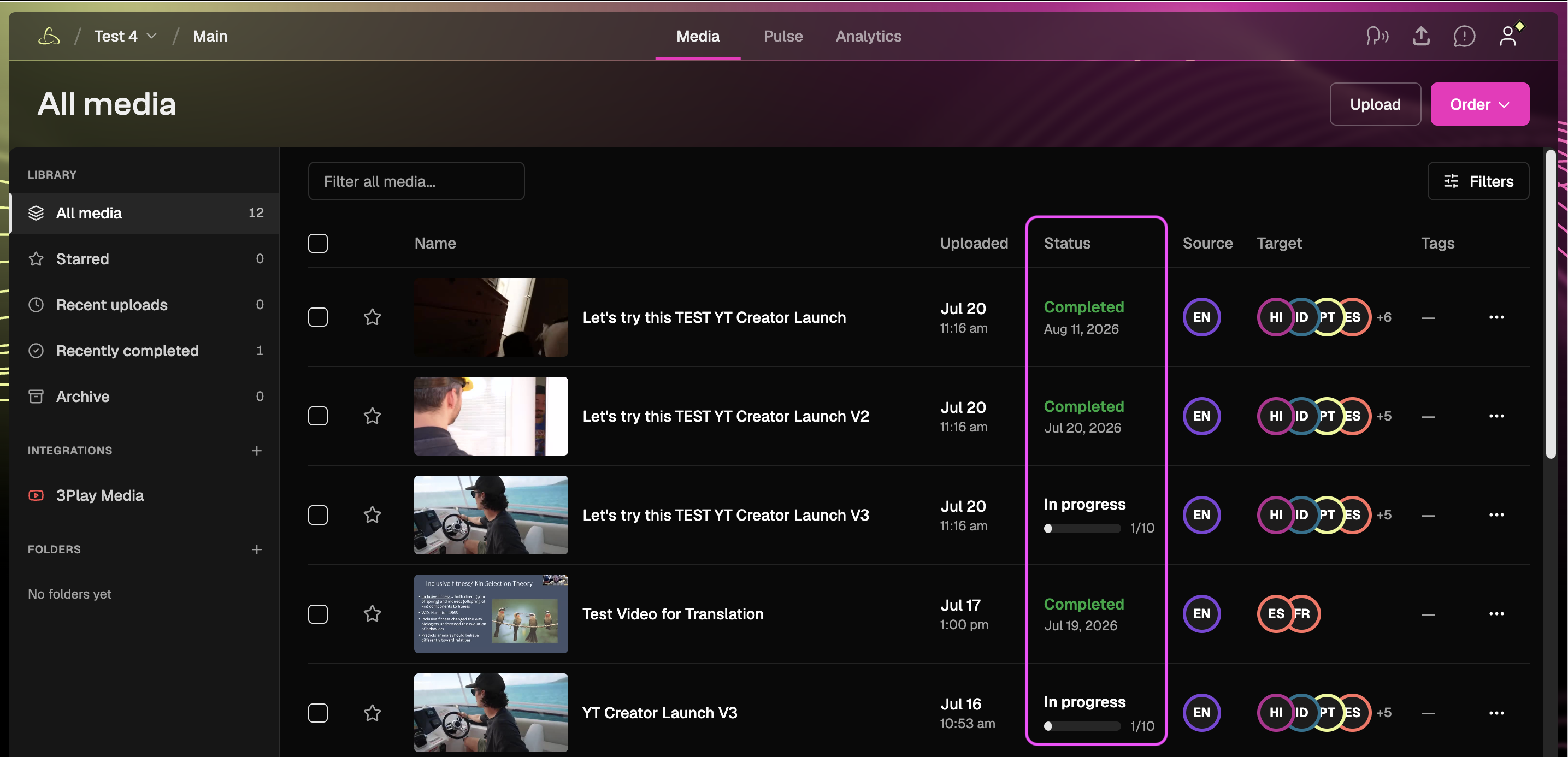 The status column showing which services are complete and ready to download. 