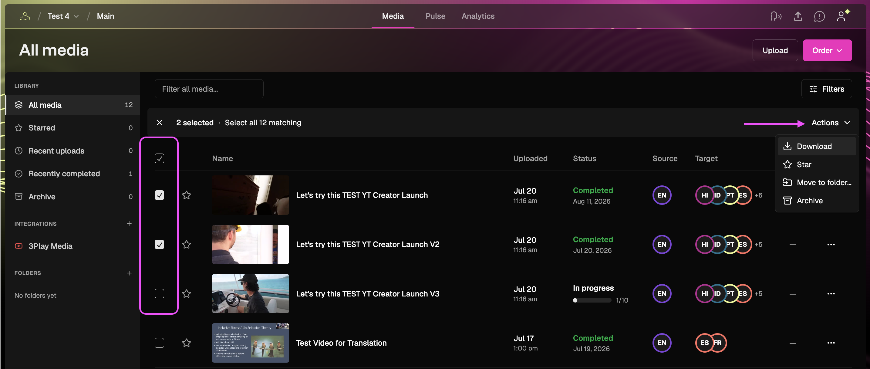 All Media page with videos selected and the Actions menu open, showing the Download option.