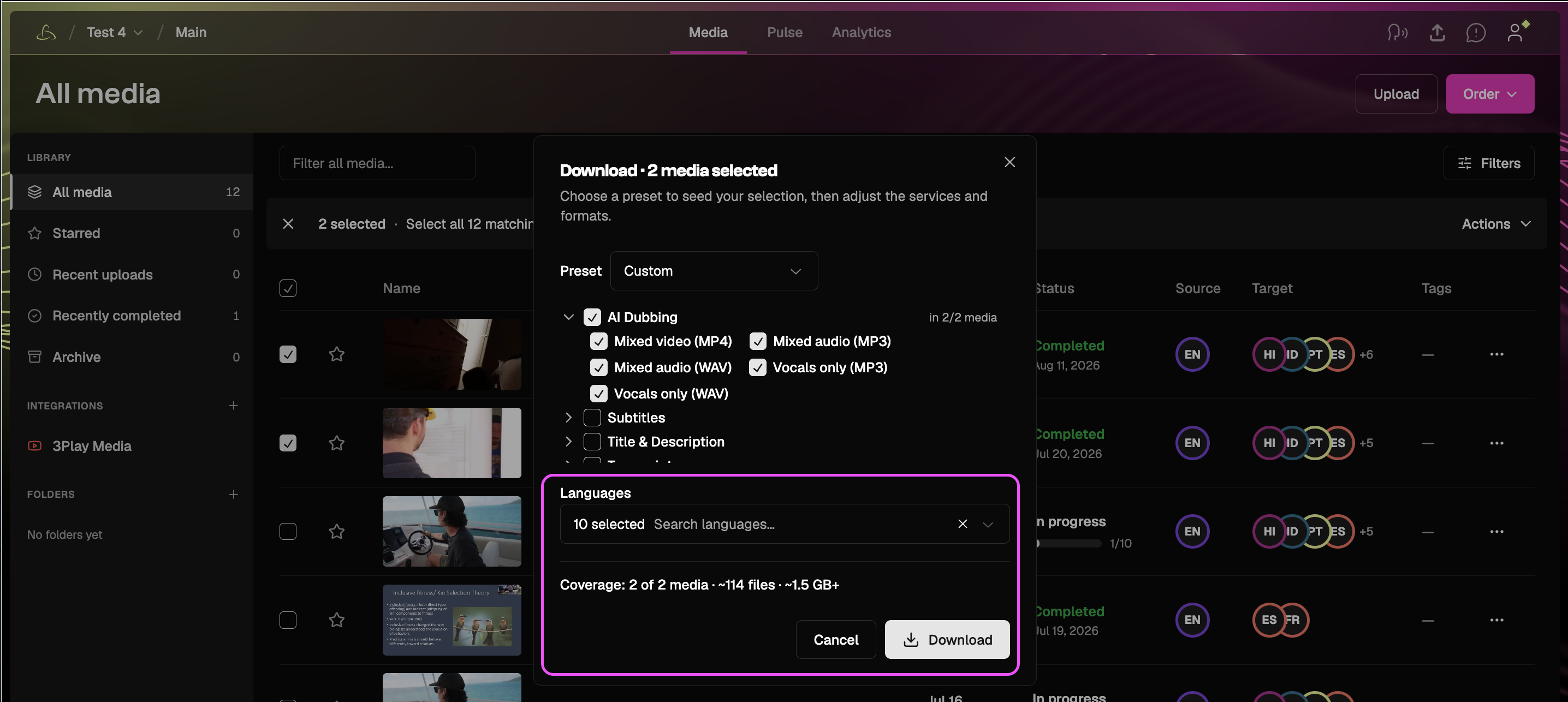 Download menu showing YouTube Assets, All Dubs, and Custom Download options for selected videos.