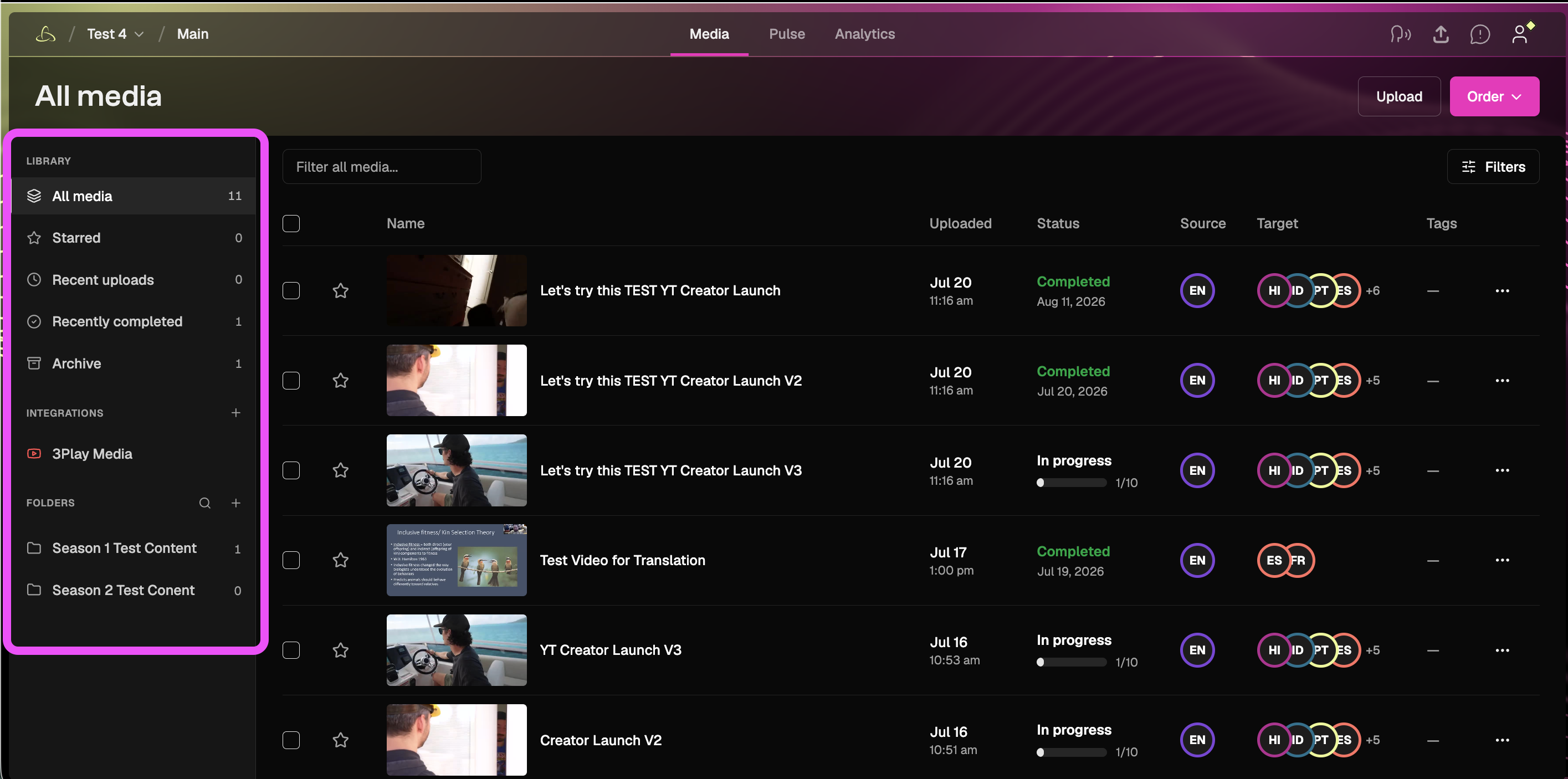 Homepage showing videos in the account, with navigation tabs and folders for filtering and organizing videos.