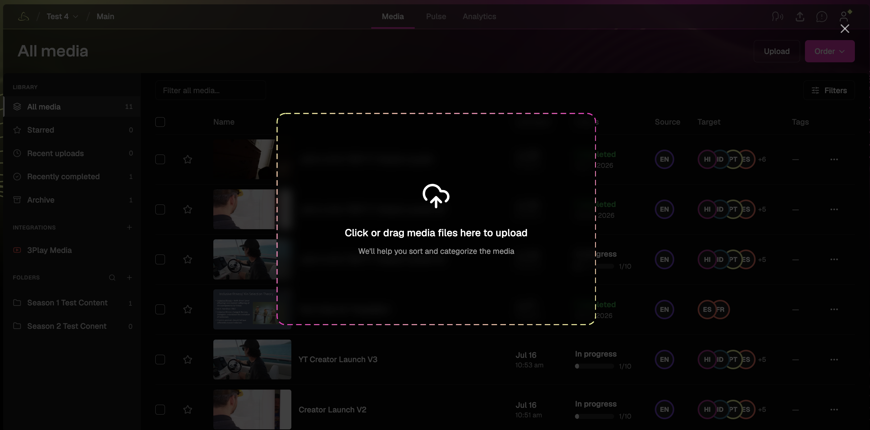 Upload window showing options to drag and drop videos or browse your computer.