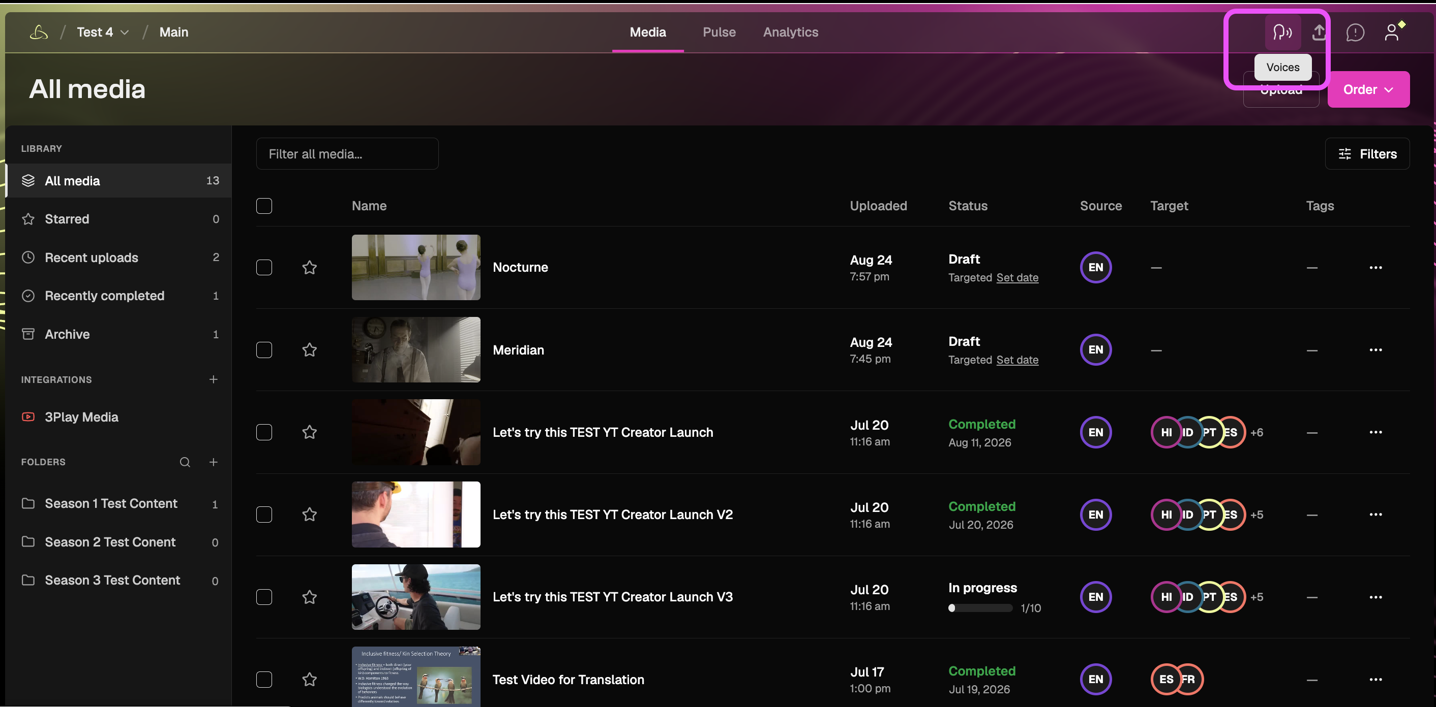Voice Library showing search and filter options for language, age range, gender, and tone.
