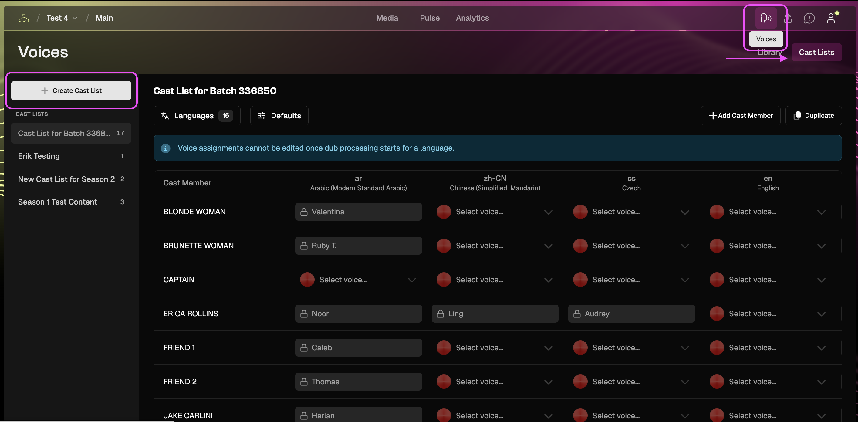 Cast Lists page with the Create Cast List button highlighted.