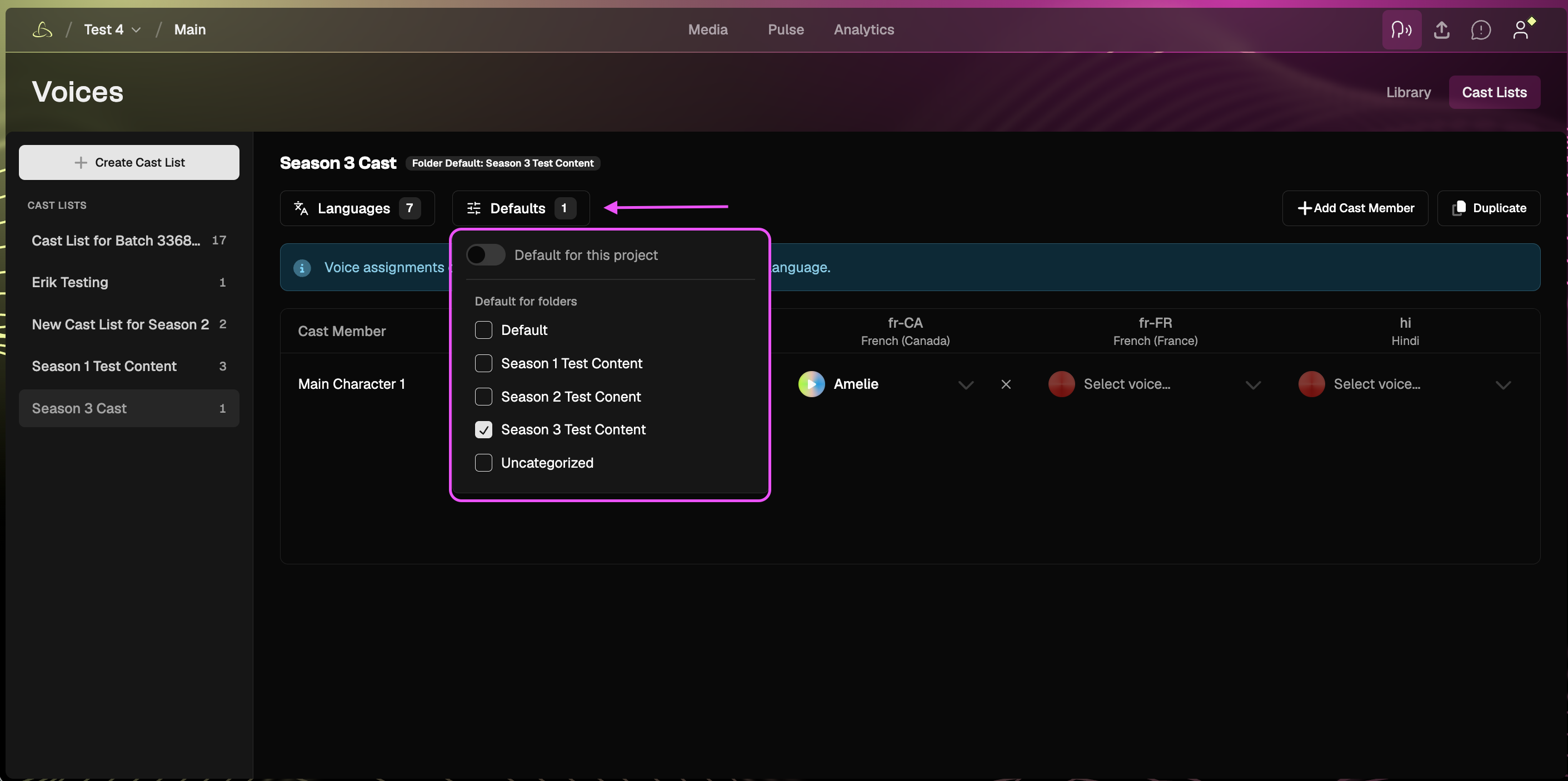 Cast list settings showing the option to set a default cast list for a project or folder.