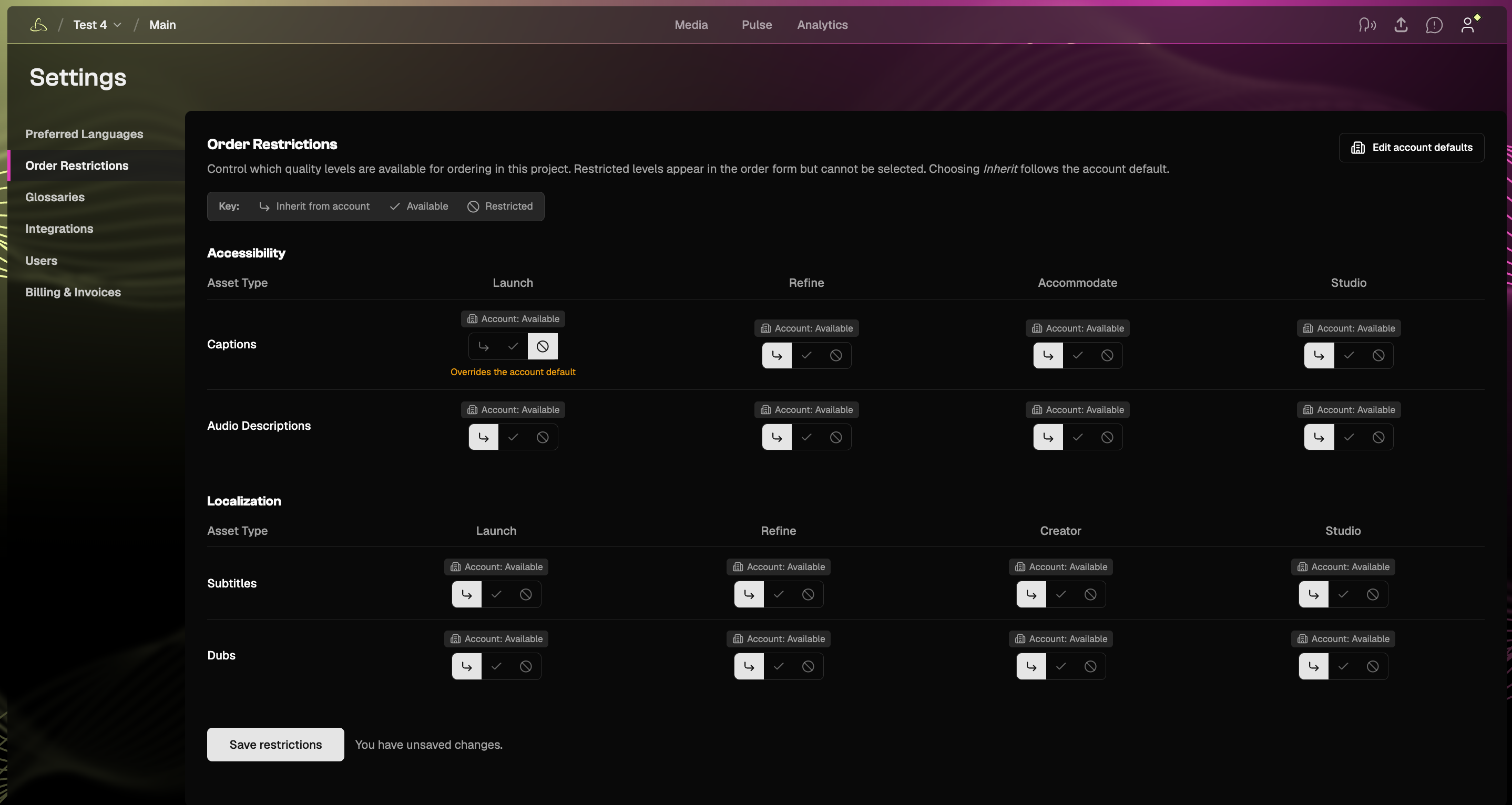 Order Restrictions settings showing Inherit and selectable service and quality levels for the project.