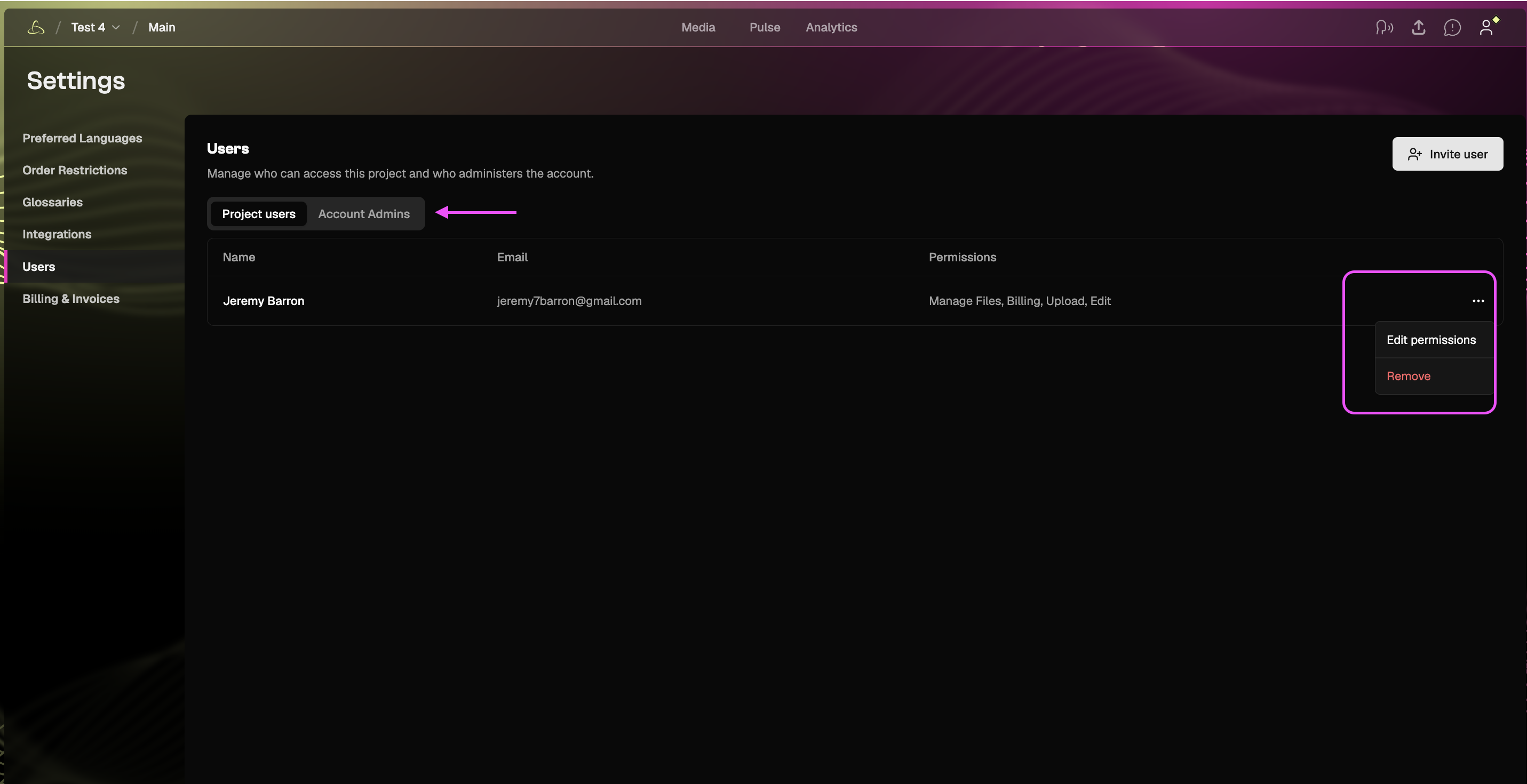 Users page with the three-dot menu showing options to edit permissions or remove a user.
