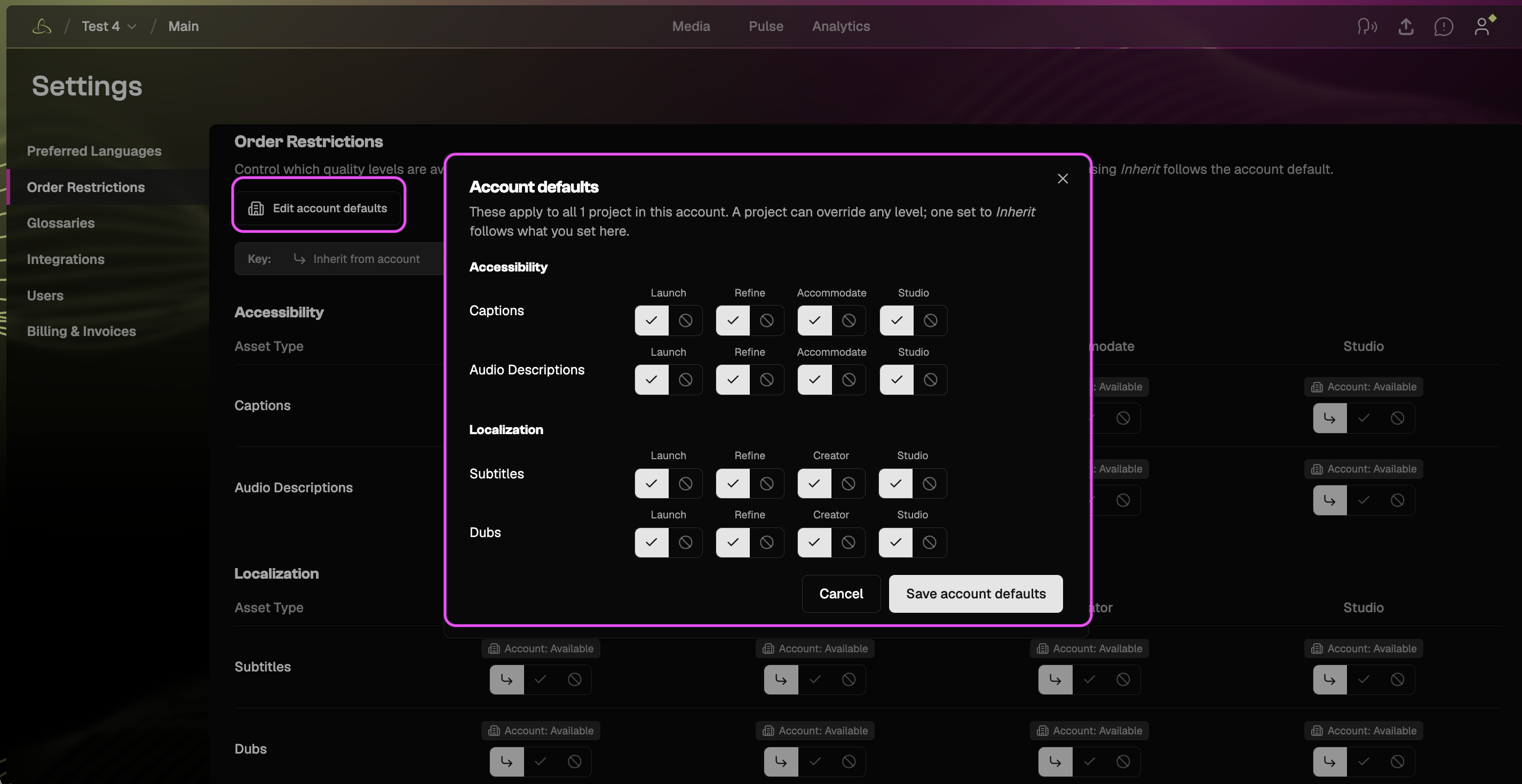 Account default settings with service and quality level selections and the Save account defaults option.