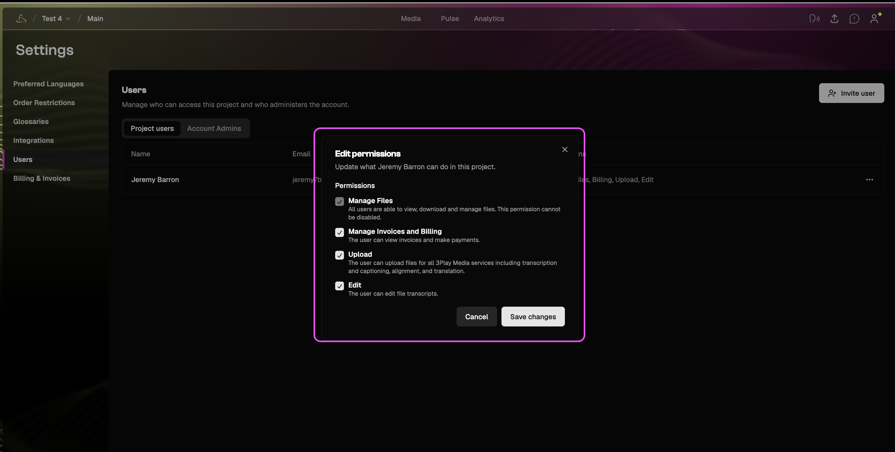 Edit Permissions screen with options to change a user’s access and save changes.