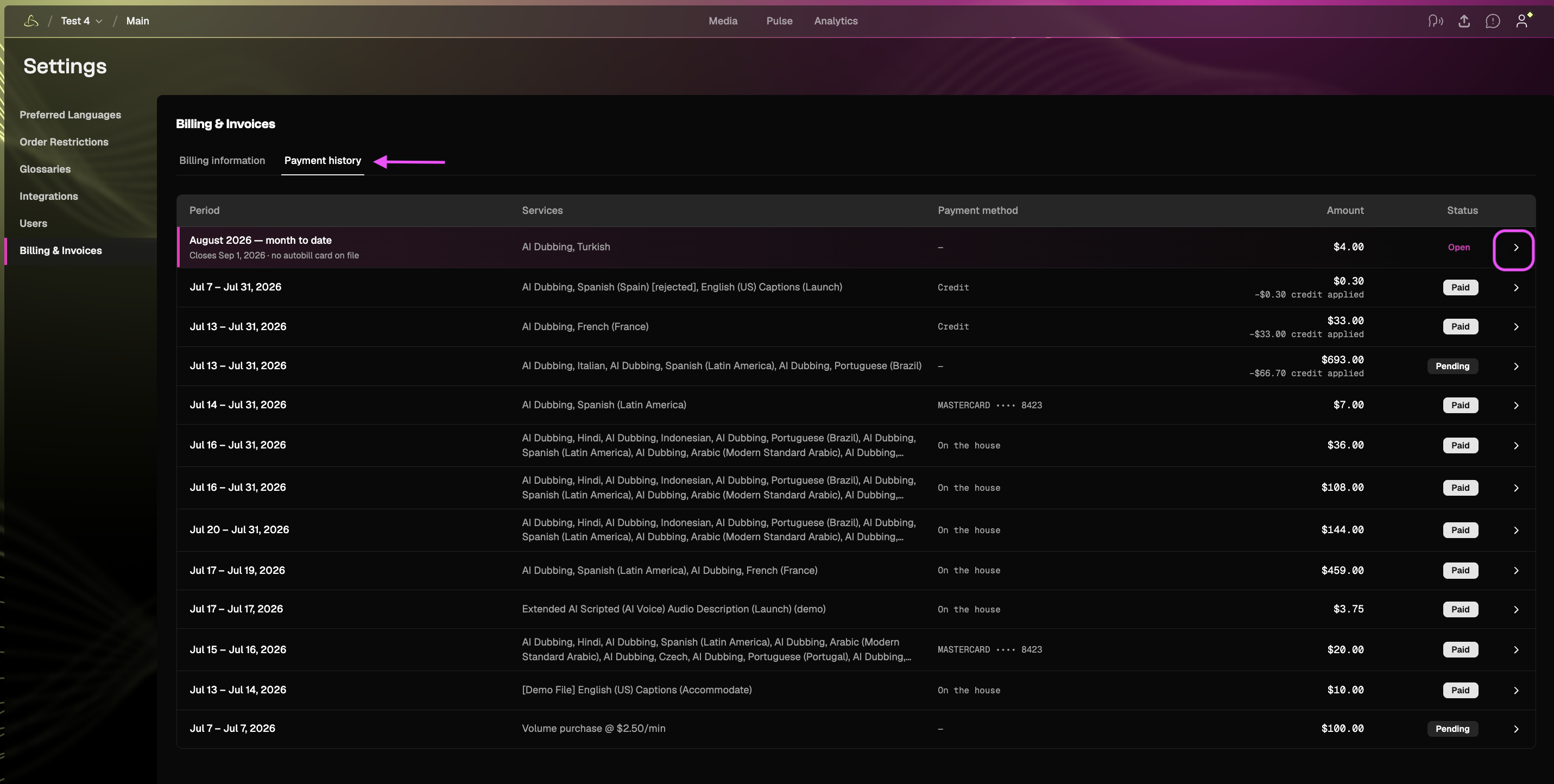 Payment History tab showing billing periods, services, payment methods, amounts, and payment statuses.