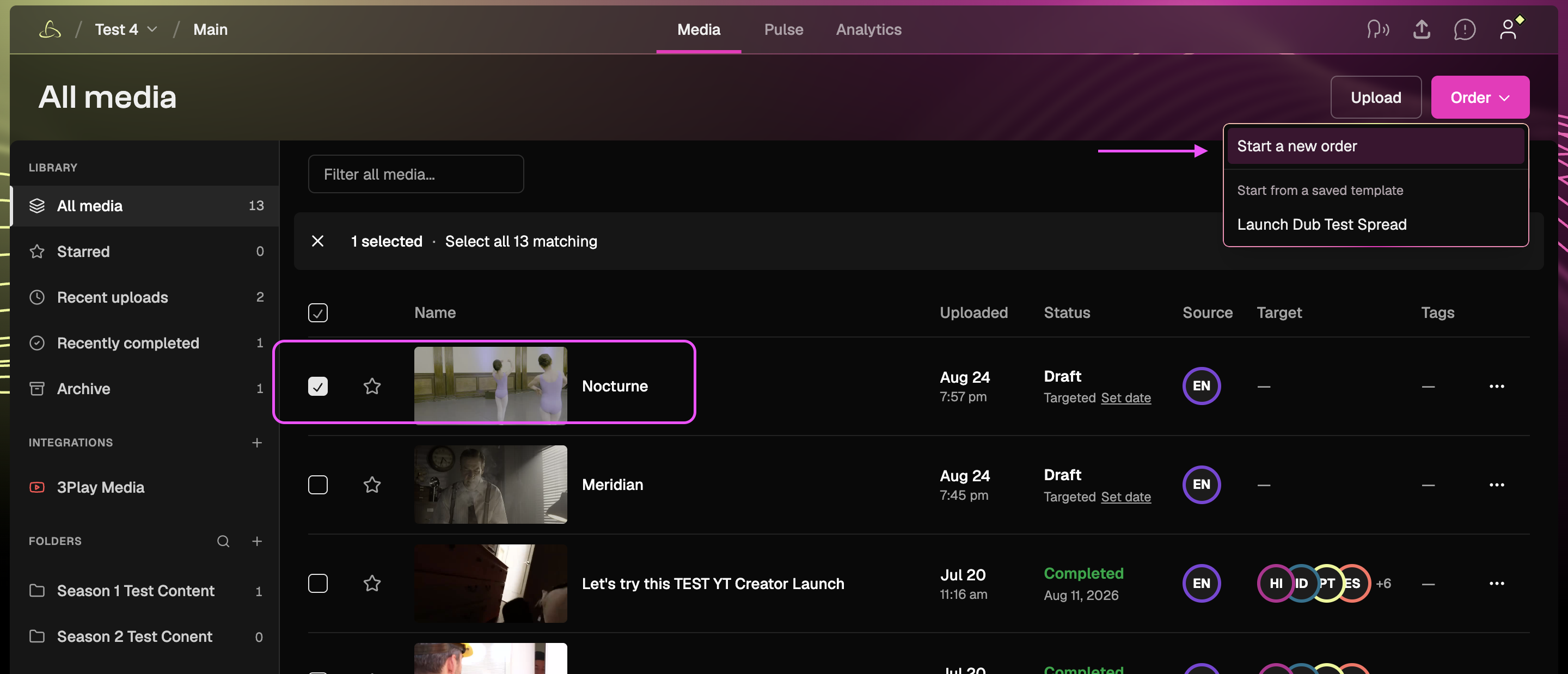 All Media page showing selected videos and the Order menu with options to start a new order or use a saved template.