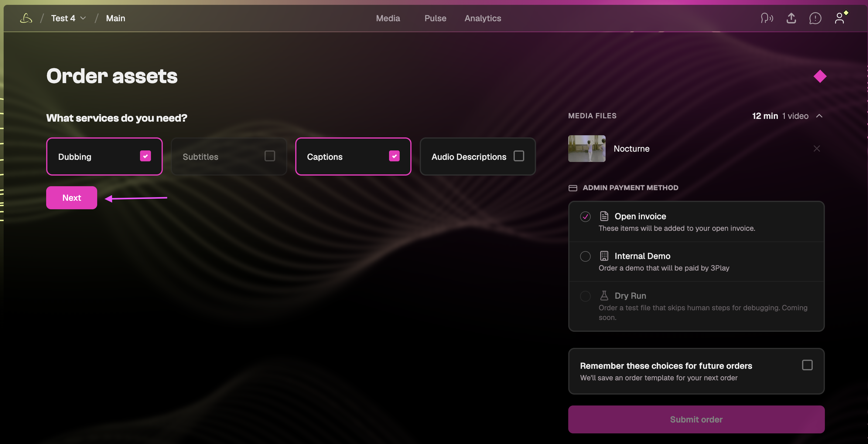 Service selection screen showing options for Captions, Subtitles, Audio Description, and Dubbing.