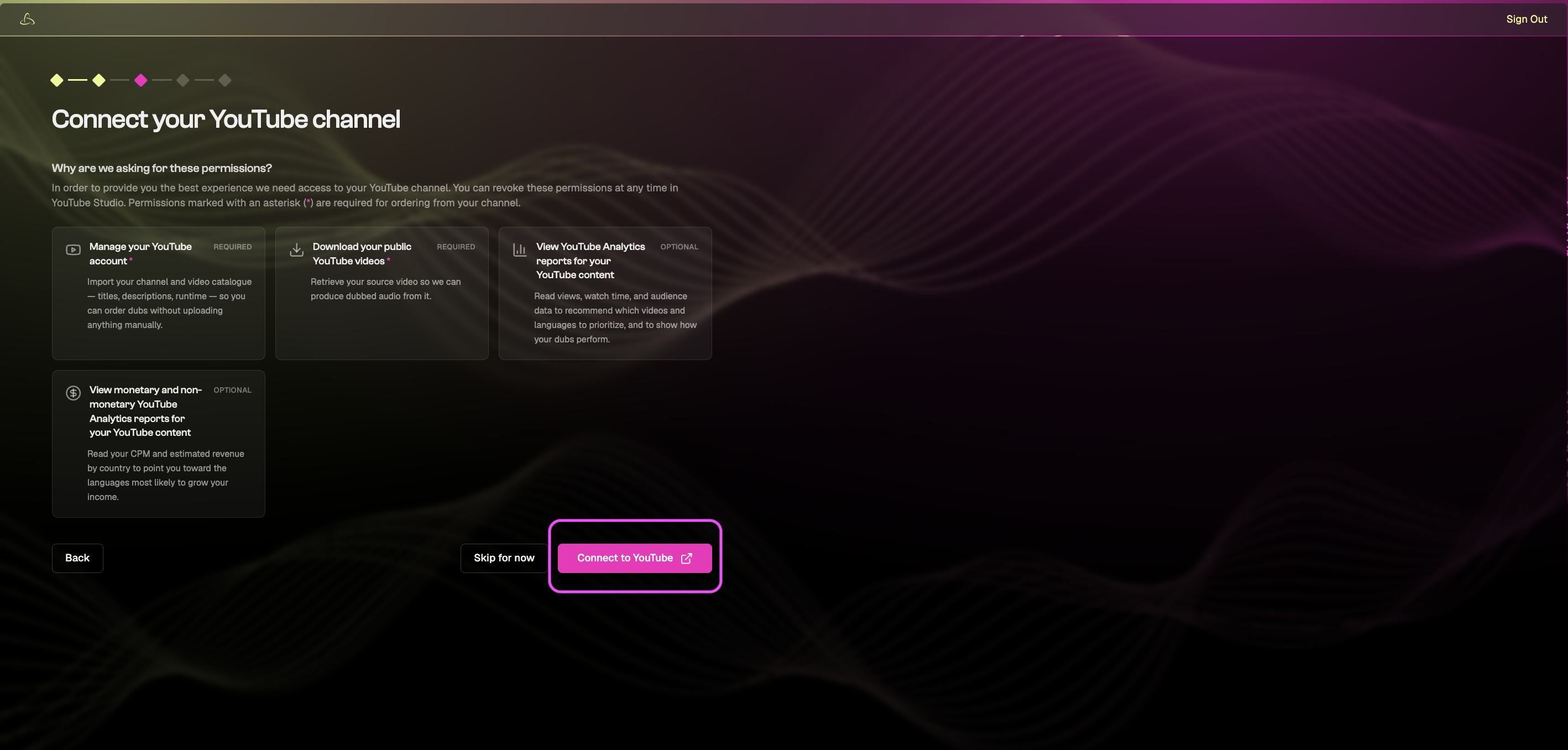 YouTube connection screen showing required and optional permissions.