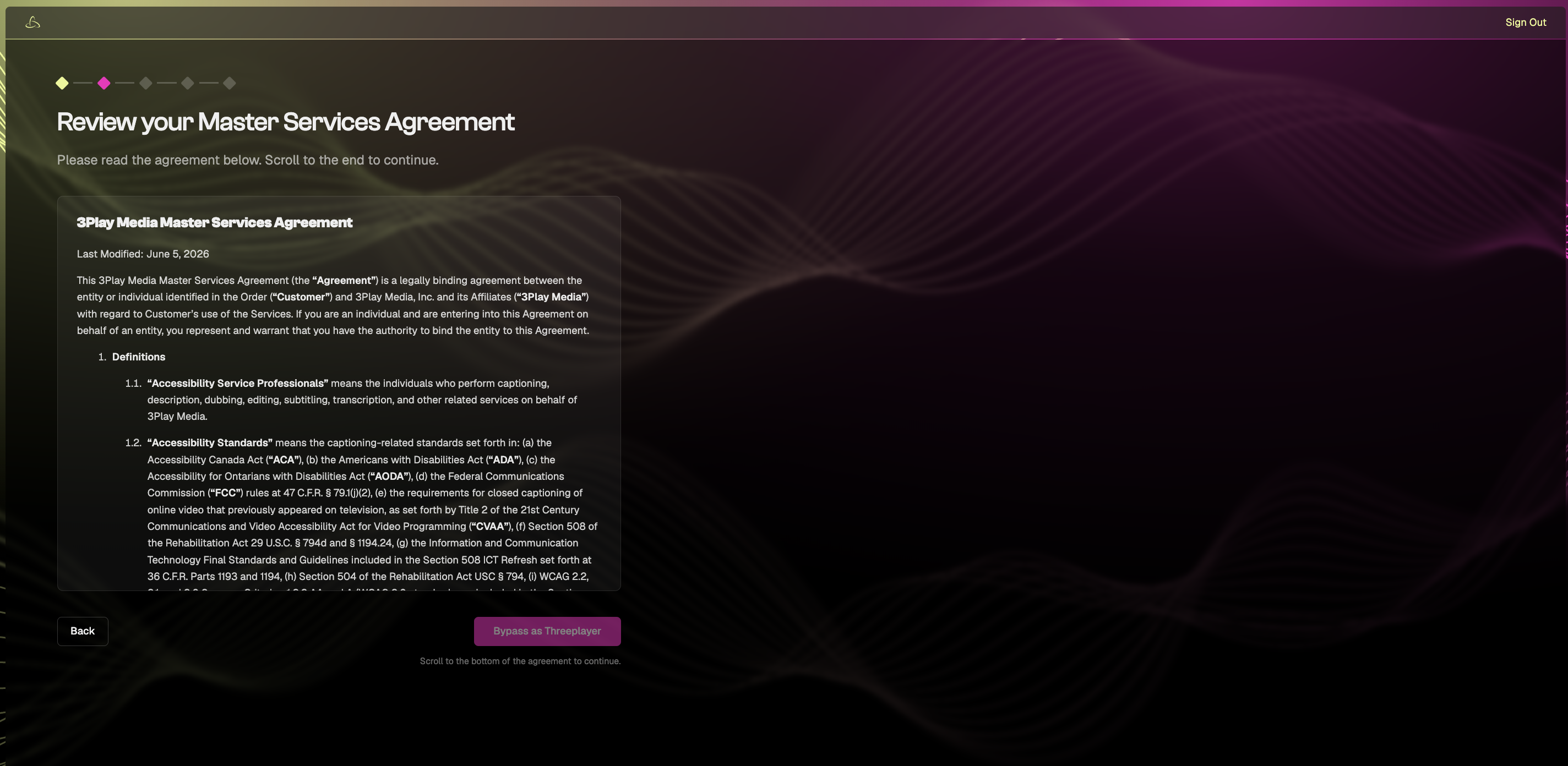 Master Services Agreement screen with the agreement ready for review.
