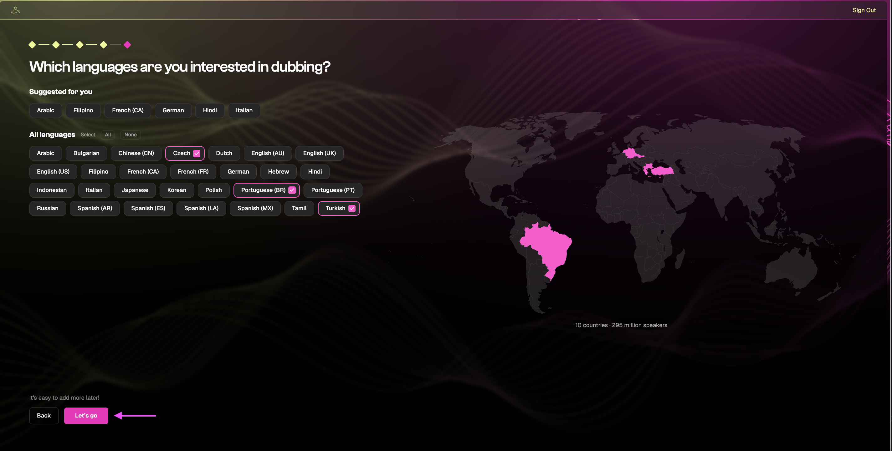 Dubbing language selection screen with suggested and available languages.