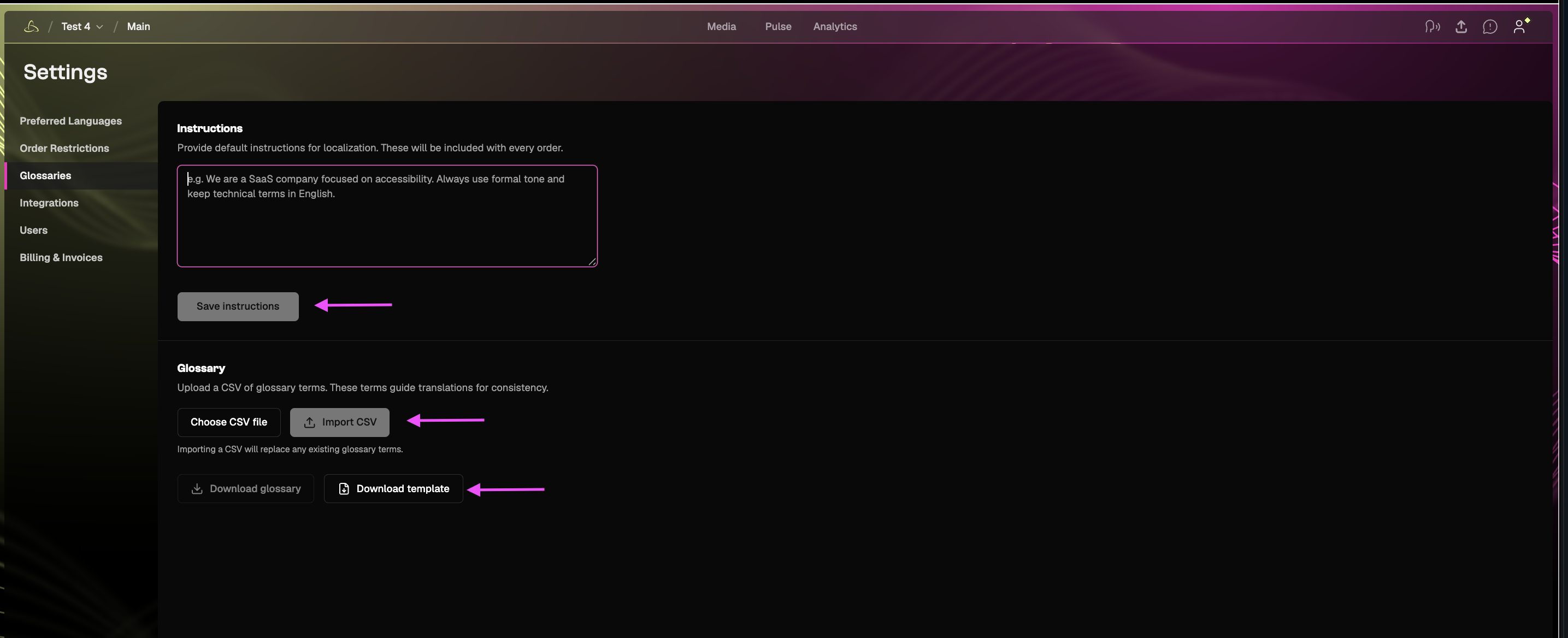 Glossary settings for adding localization instructions and uploading a CSV glossary.