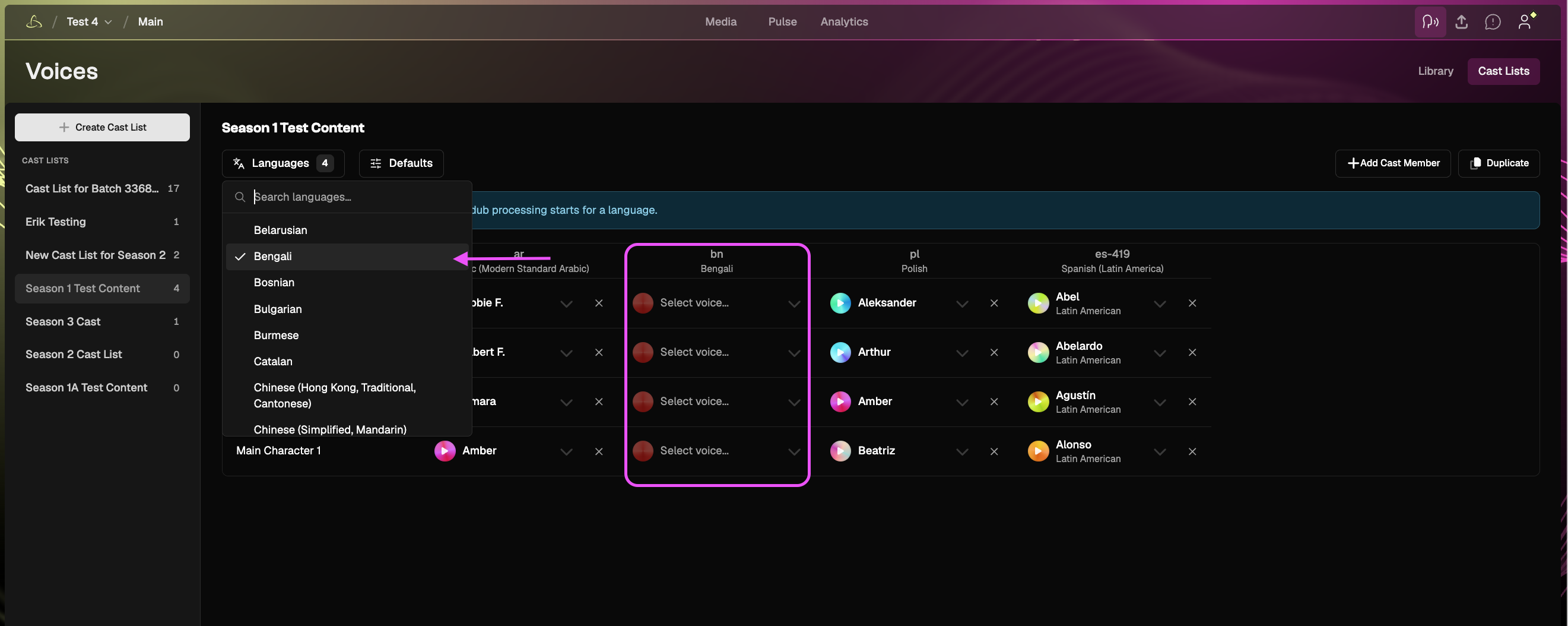 Cast list showing the Languages dropdown with an additional language selected.